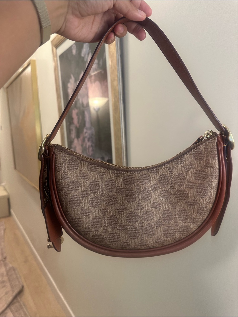 Coach Brown Signature Crescent Shoulder Bag with Leather Trim
